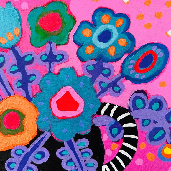 Original Painting Colorful Collectible Flowers 12" x 12" Wood One-of-a-Kind - Picture 8 of 8